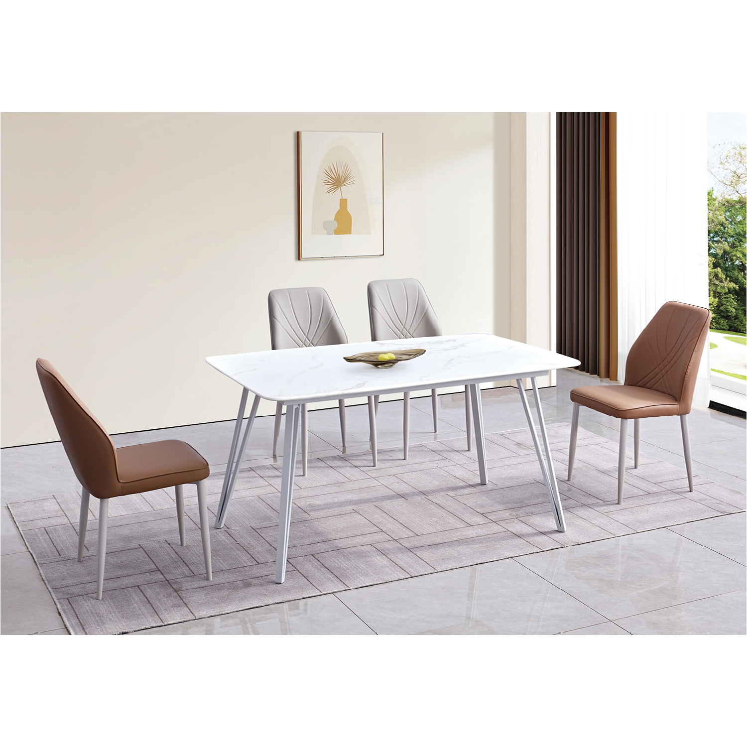 餐桌：939（白架）（高端石材）#；餐椅：172（白架）#