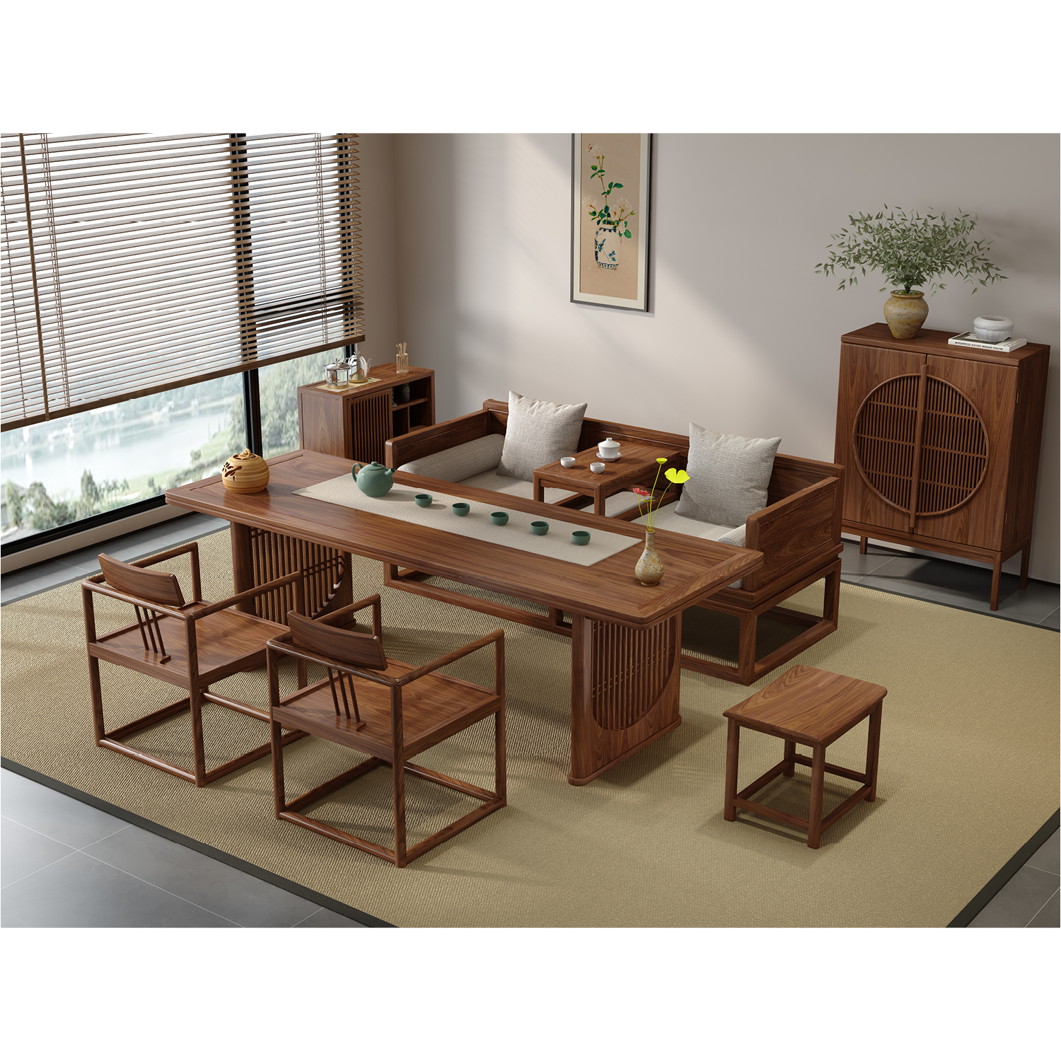 101#罗汉床；175#茶台；159#茶水柜；156#明月柜；133#副椅；135#元宝凳